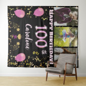 Gelukkige 100ste Verjaardag Roze Glitter & 3 foto' Wandkleed (In Situ (horizontaal))