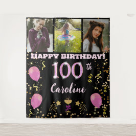 Gelukkige 100ste Verjaardag Roze Glitter & 3 foto' Wandkleed