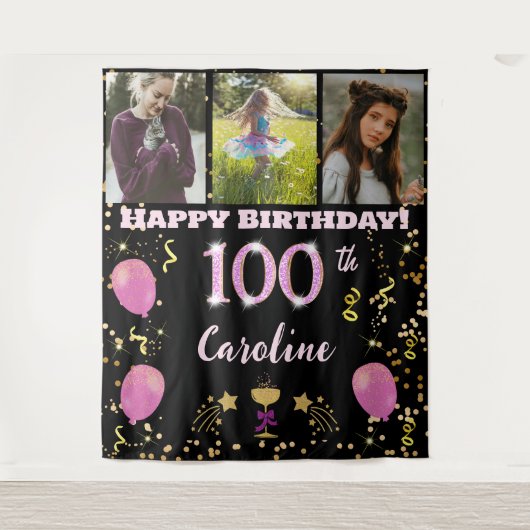Gelukkige 100ste Verjaardag Roze Glitter & 3 foto' Wandkleed (Voorkant)