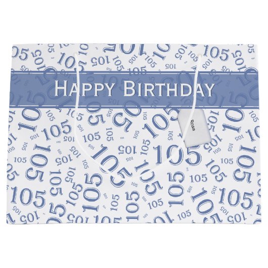 Gelukkige 105e Verjaardag Blauw en Wit Nummerpatro Groot Cadeauzakje (Voorkant)