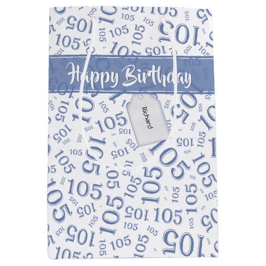 Gelukkige 105e Verjaardag Blauw en Wit Nummerpatro Medium Cadeauzakje (Voorkant)