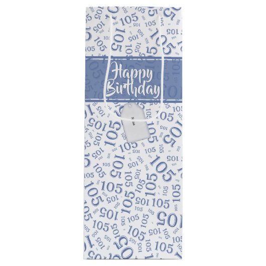 Gelukkige 105e Verjaardag Blauw en Wit Nummerpatro Wijn Cadeautas (Voorkant)