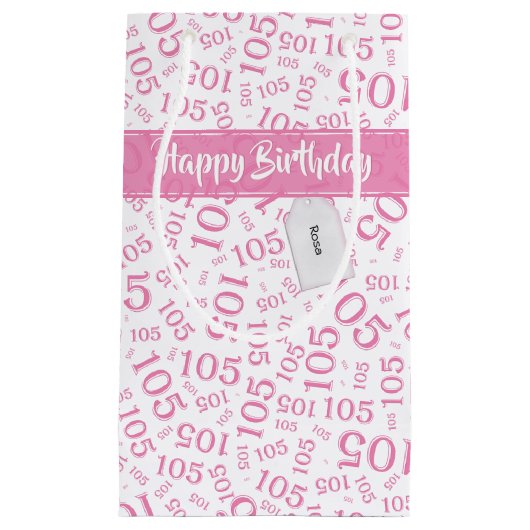 Gelukkige 105e Verjaardag Roze en Wit Nummerpatroo Klein Cadeauzakje (Voorkant)