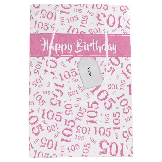 Gelukkige 105e Verjaardag Roze en Wit Nummerpatroo Medium Cadeauzakje (Voorkant)