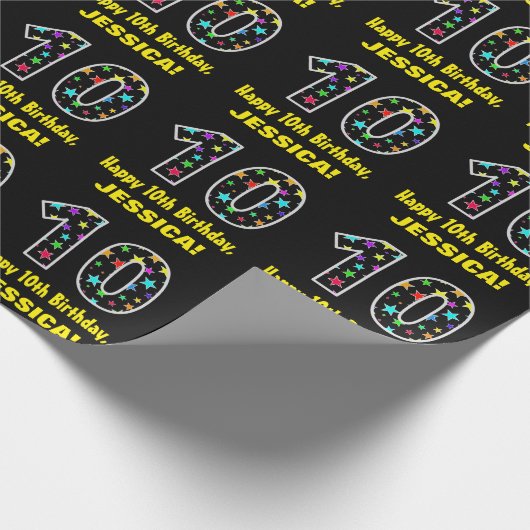 Gelukkige 10e verjaardag, Leuk Kleurrijk Sterren P Cadeaupapier (Hoek)