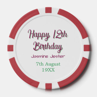 gelukkige 12e verjaardag groen roze naam datum een poker chips