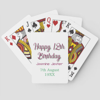 gelukkige 12e verjaardag groen roze naam datum een pokerkaarten