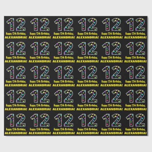 Gelukkige 12e verjaardag, Leuk Kleurrijk Sterren P Cadeaupapier (Vlak)