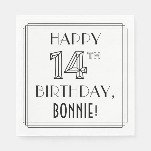 GELUKKIGE 14E VERJAARDAG; Art Deco Stijl; Aangepas Servet (Voorkant)