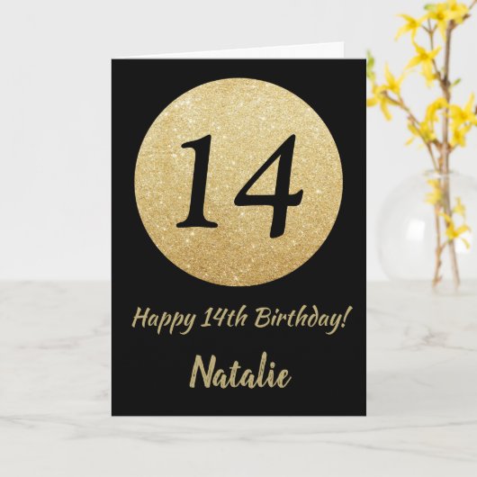 Gelukkige 14e Verjaardag Zwart en Goud Glitter Kaa Kaart (Gele Bloem)