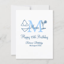Gelukkige 15e verjaardag blauwe naam monogram biki
