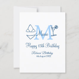 Gelukkige 15e verjaardag blauwe naam monogram biki briefkaart