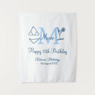Gelukkige 15e verjaardag blauwe naam monogram biki wandkleed