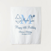 Gelukkige 15e verjaardag blauwe voeg naam monogram wandkleed (Voorkant)