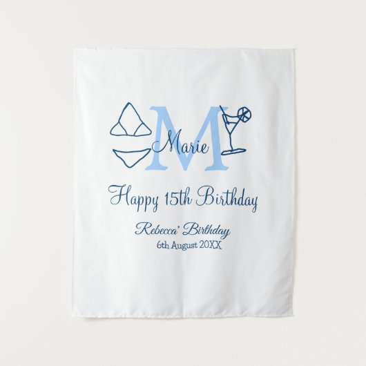 Gelukkige 15e verjaardag blauwe voeg naam monogram wandkleed (Voorkant)