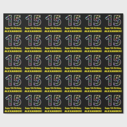 Gelukkige 15e verjaardag, Leuk Kleurrijk Sterren P Cadeaupapier (Vlak)