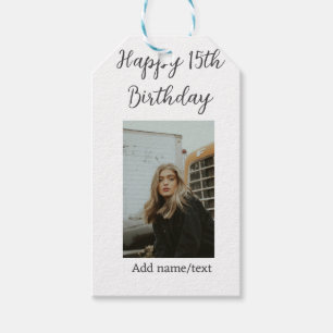 Gelukkige 15e verjaardag naam toevoegen foto tekst cadeaulabel