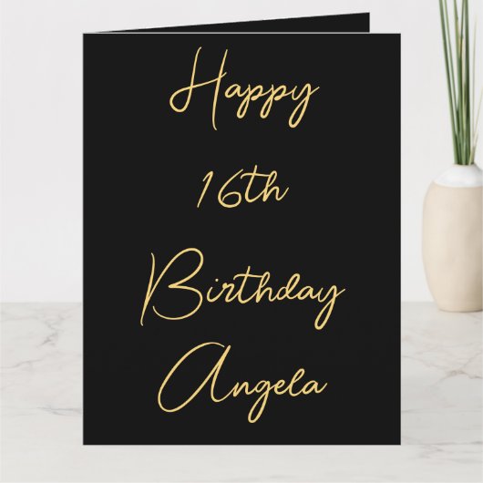 Gelukkige 16de Verjaardag Zestien Goud Zwart Aange Kaart (Voorkant)