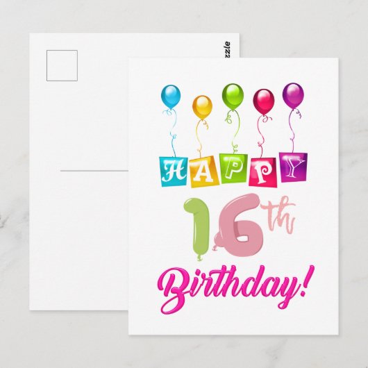 Gelukkige 16e verjaardag briefkaart (Voorkant / Achterkant)