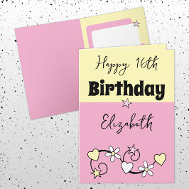 Gelukkige 16e verjaardag naam roze geel kaart