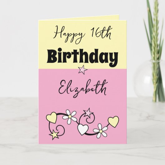 Gelukkige 16e verjaardag naam roze geel kaart (Voorkant)