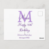 Gelukkige 16e verjaardag paarse naam monogram mode briefkaart (Achterkant)