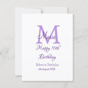 Gelukkige 16e verjaardag paarse naam monogram mode briefkaart