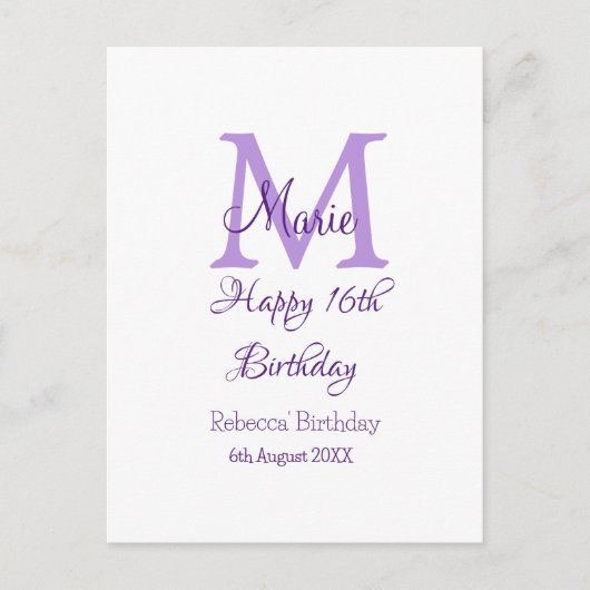 Gelukkige 16e verjaardag paarse naam monogram mode briefkaart (Voorkant)