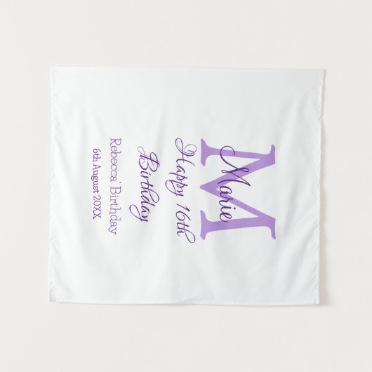 Gelukkige 16e verjaardag paarse voeg naam monogram wandkleed (Voorkant (horizontaal))