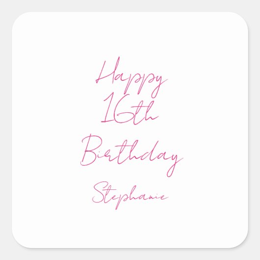 Gelukkige 16e verjaardag roze wit zestiende 2024 vierkante sticker (Voorkant)