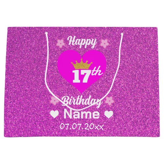 Gelukkige 17e verjaardag Gouden Kroon Roze Glitter Groot Cadeauzakje (Voorkant)