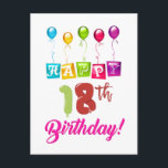 Gelukkige 18e verjaardag briefkaart<br><div class="desc">Verjaardagen komen slechts één keer per jaar voor en daarom kijken jarigen ernaar uit om de opwinding met iedereen te delen. Weten dat het jouw verjaardag is, kan je doen verlangen om het hardop uit te schreeuwen en met veel plezier te vieren. Dit ontwerp is gemaakt om iedereen op hun...</div>