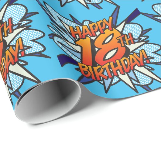 GELUKKIGE 18E VERJAARDAG Comic Book Pop Art blauw Cadeaupapier (Rol Hoek)