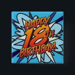 GELUKKIGE 18E VERJAARDAG Leuk Retro Stripboek Vierkante Button 5,1 Cm<br><div class="desc">Zeg GELUKKIGE 18E VERJAARDAG op de popart manier en voeg een knal,  zoef,  boem toe aan het feest van de grote dag. Een leuk,  cool en trendy retro stripboek pop art geïnspireerd verjaardagscadeau dat de knal,  zoef,  boem toevoegt aan elk superhelden verjaardagsfeest. Ontworpen door ComicBookPop© op www.zazzle.com/comicbookpop*</div>