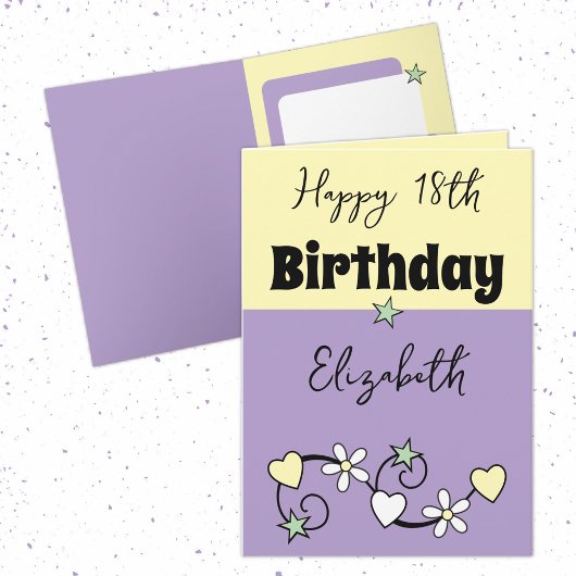 Gelukkige 18e verjaardag naam paarse geel kaart