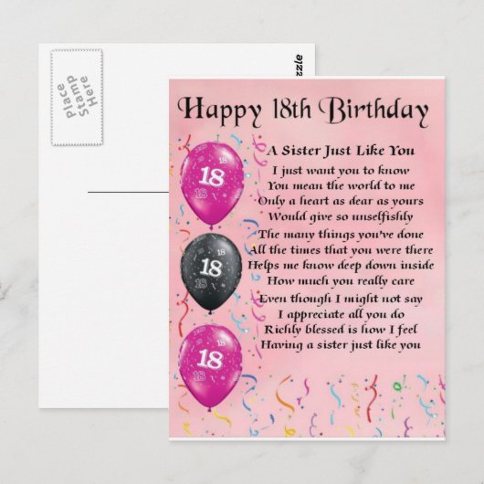 Gelukkige 18e verjaardag - Zuster Gedicht Briefkaart (Voorkant / Achterkant)