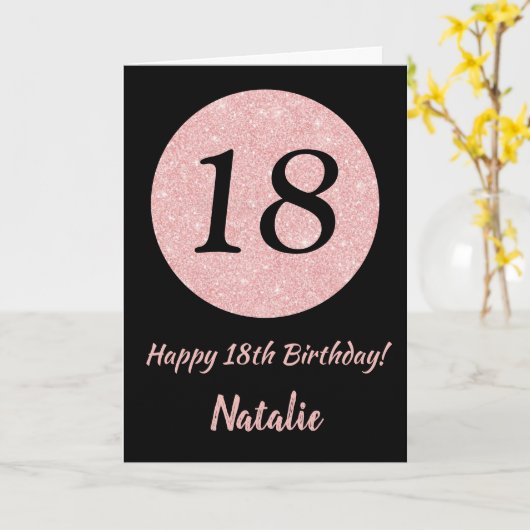 Gelukkige 18e verjaardag Zwart en Roos Roze Goud Kaart (Gele Bloem)