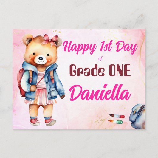 Gelukkige 1e dag van school schattige teddybeer me briefkaart (Voorkant)