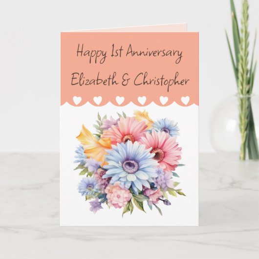 Gelukkige 1e Jubileum bloemen perzik Kaart (Voorkant)
