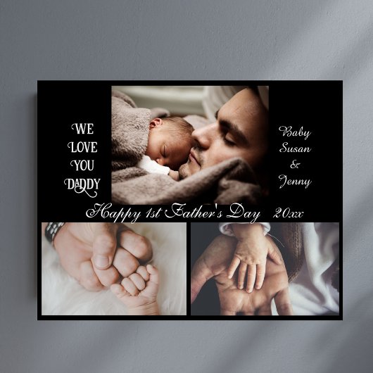 Gelukkige 1e Vaderdag - 3 fotocollage zwart Canvas Afdruk