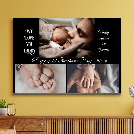 Gelukkige 1e Vaderdag - 3 fotocollage zwart Canvas Afdruk