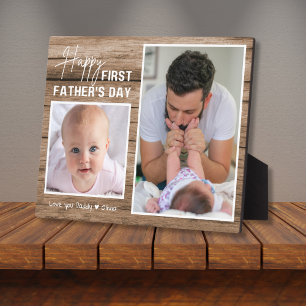 Gelukkige 1e Vaderdag Nieuwe Pa Baby 2 Foto Hout Fotoplaat