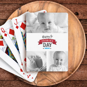 Gelukkige 1e Vaderdag Rood 3 Fotocollage Modern Pokerkaarten