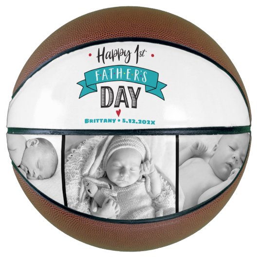 Gelukkige 1e Vaderdag Turquoise Banner Typografie Basketbal (Voorkant)