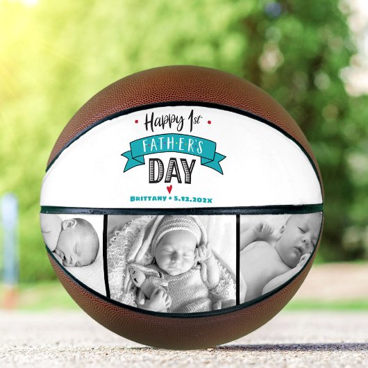 Gelukkige 1e Vaderdag Turquoise Banner Typografie Basketbal