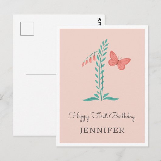 Gelukkige 1e Verjaardag Baby Meisje Vlinder Bloeme Briefkaart (Voorkant / Achterkant)