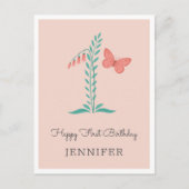 Gelukkige 1e Verjaardag Baby Meisje Vlinder Bloeme Briefkaart (Voorkant)