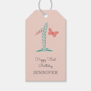 Gelukkige 1e Verjaardag Baby Meisje Vlinder Bloeme Cadeaulabel