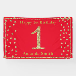 Gelukkige 1e Verjaardag Banner Rood en Goud Glitte