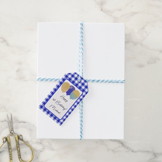 Gelukkige 1e Verjaardag & Blauwe Gingham & Ballonn Cadeaulabel (Met Touw)